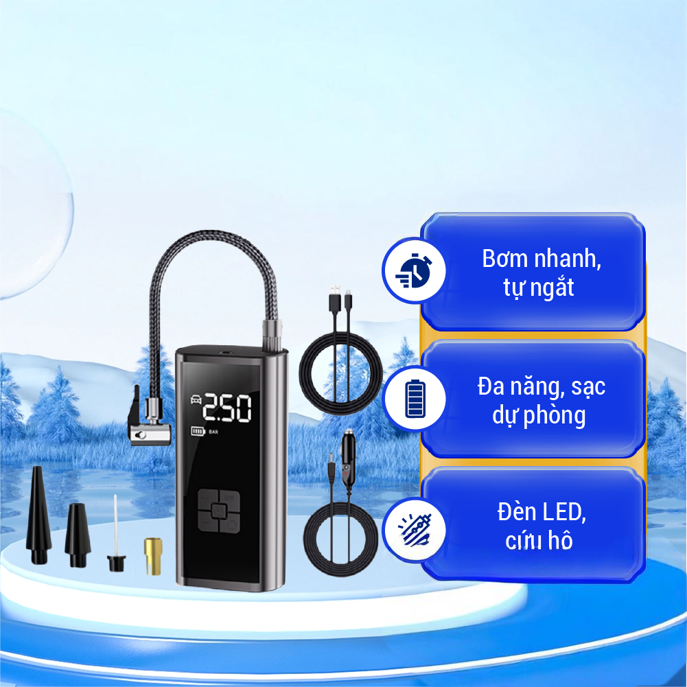 Bơm Lốp Ô tô Điện Tử NMIMART - Không Dây, Đèn Led, Sạc Dự Phòng &amp;amp;amp;amp;amp;amp; Động Cơ Đức